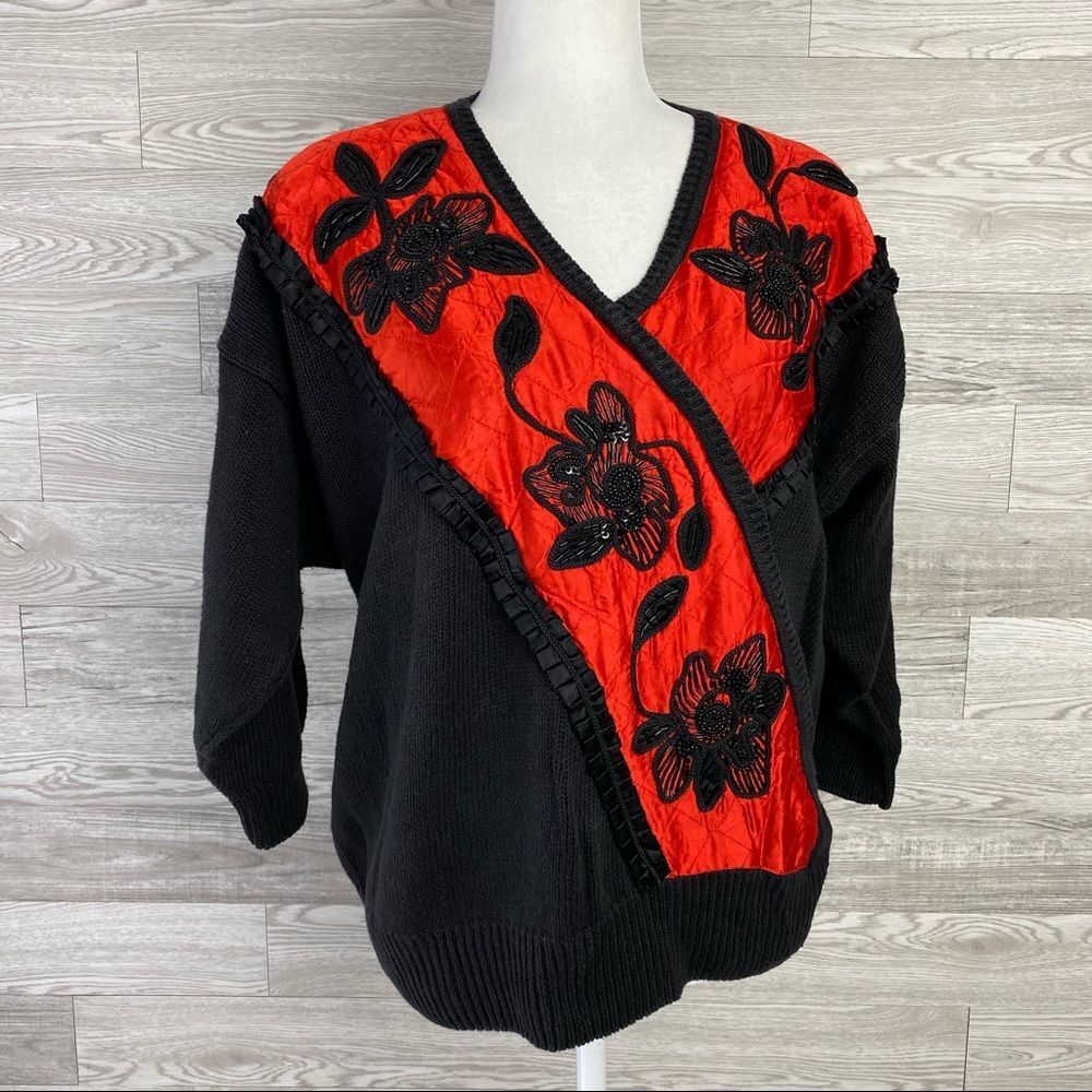 Bonnie & Bill Beaded vtg Floral Red Black Sweater